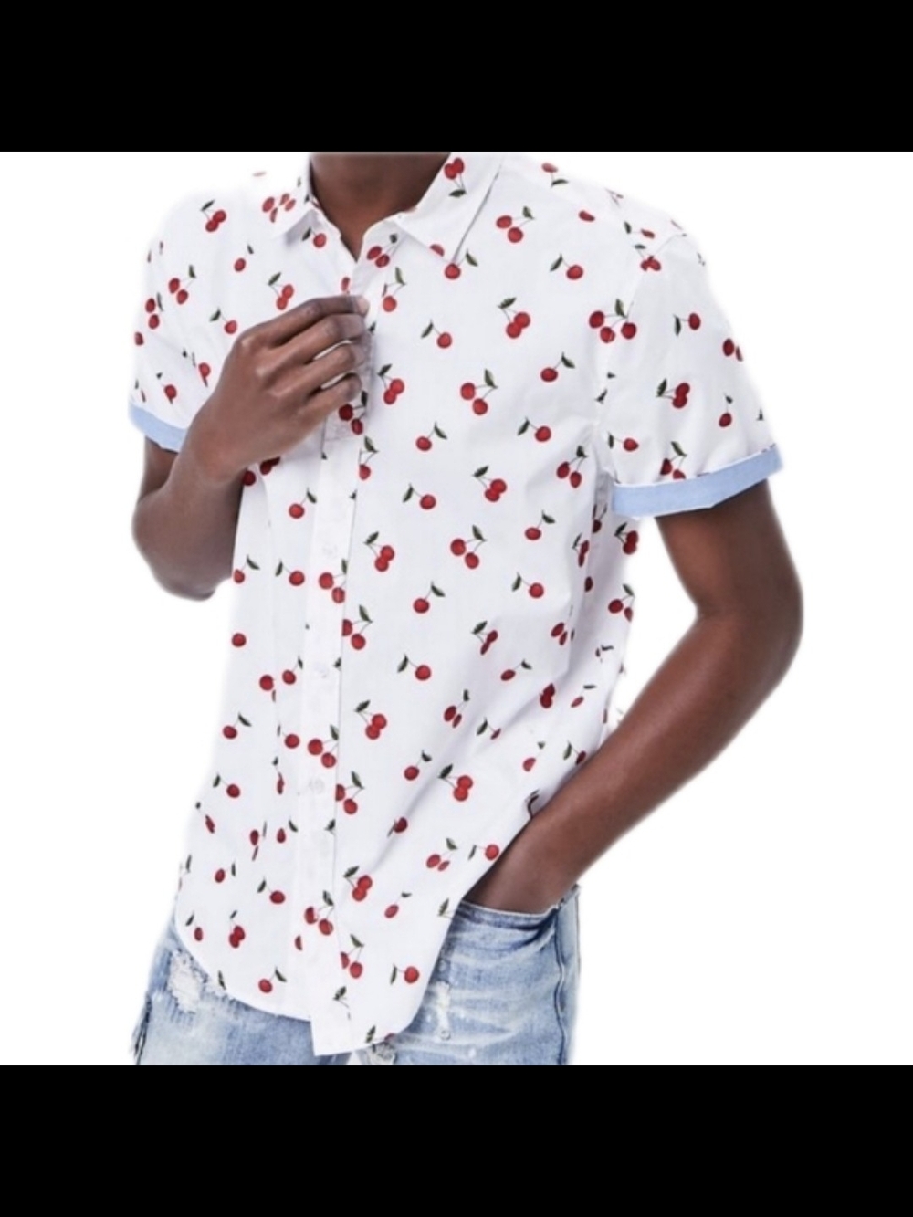Forever 21 White Short-Sleeve Cherry Print Button-Down Shirt